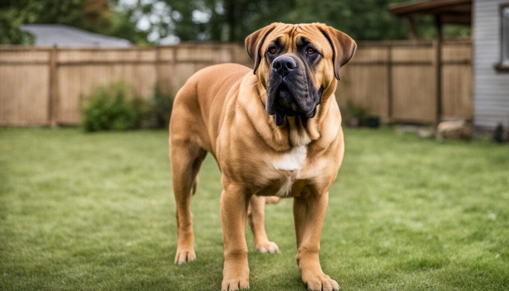 Ein mächtiger Boerboel zeigt seine beeindruckende Bissstärke von 450 PSI im Hinterhof.