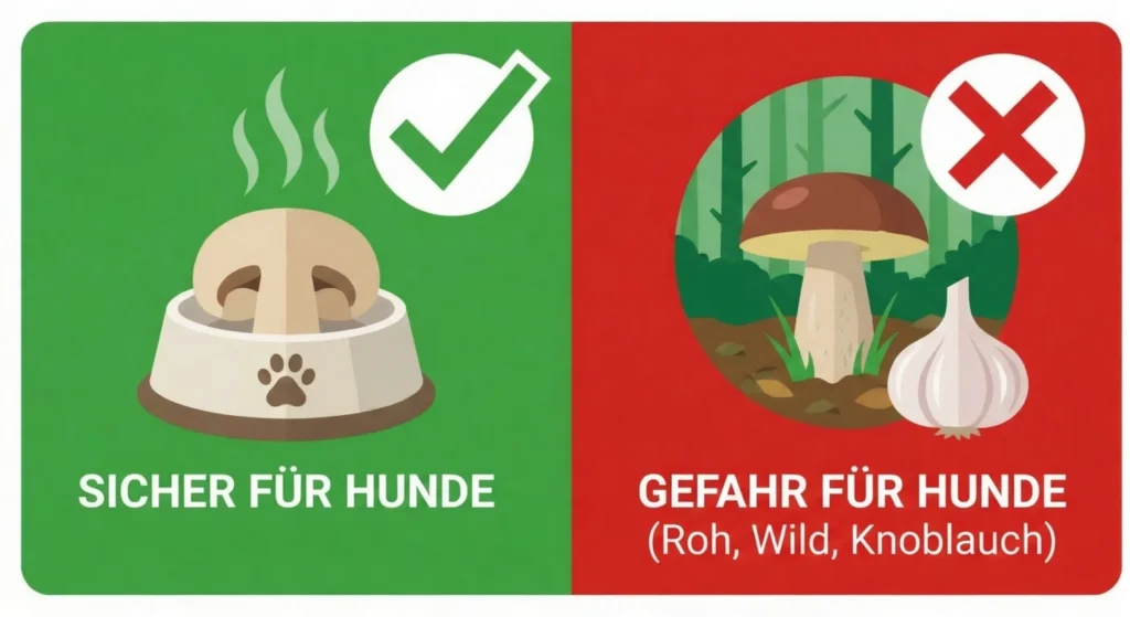 Infografik: Links grüne Seite mit gekochtem Champignon, rechts rote Seite mit rohem Wildpilz und Knoblauch
