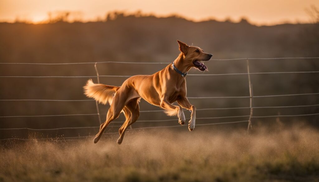 Ein eleganter Azawakh Hund läuft anmutig in einem geräumigen eingezäunten Bereich bei Sonnenuntergang.