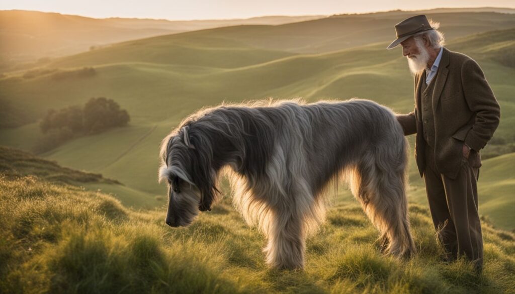 Ein älterer Mann streichelt sanft einen majestätischen Deerhound in einer friedlichen ländlichen Umgebung.