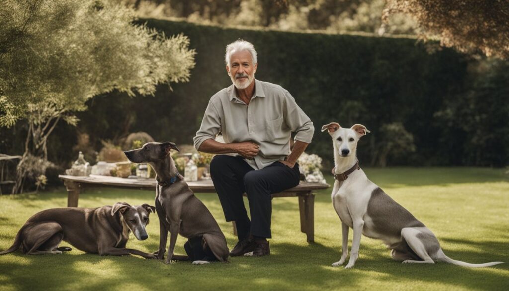 Ein älterer Mann sitzt in einem friedlichen Garten, umgeben von eleganten Galgo Español Hunden, die leidenschaftlich und ausdauernd frei herumlaufen.