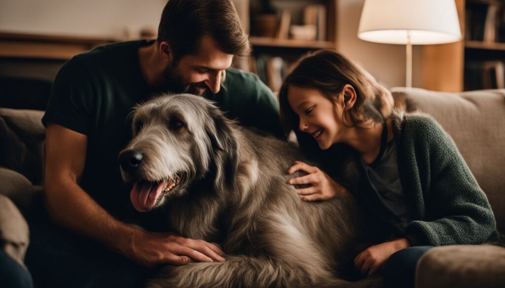 Eine junge Familie mit einem Irish Wolfhound in ihrem gemütlichen Wohnzimmer.