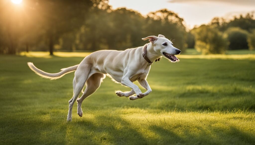 Ein elegant sprintender Whippet in einem grünen Park.