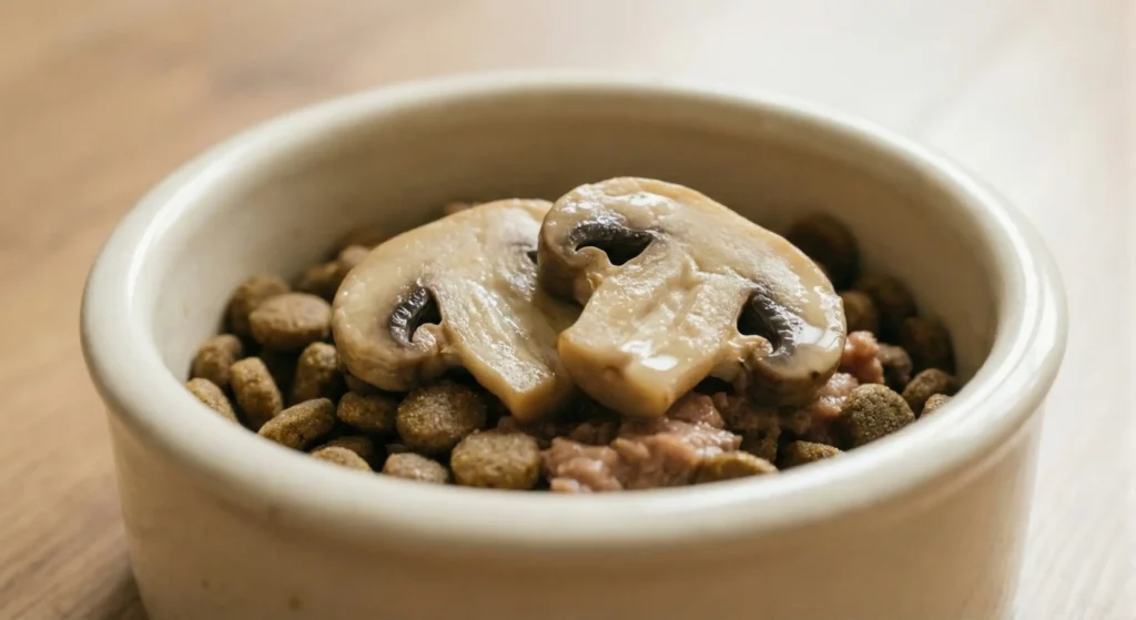 Nahaufnahme: Gedünstete Champignon-Scheiben als Topping auf Hundefutter