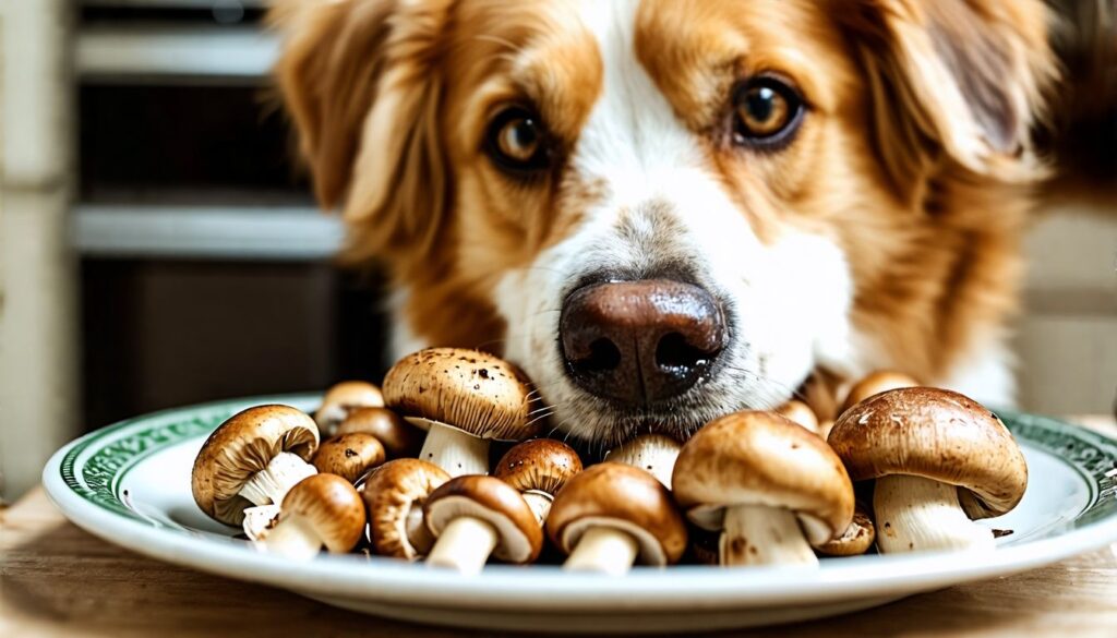 Ein glücklicher Hund genießt eine Platte mit verschiedenen Pilzen in der Küche.