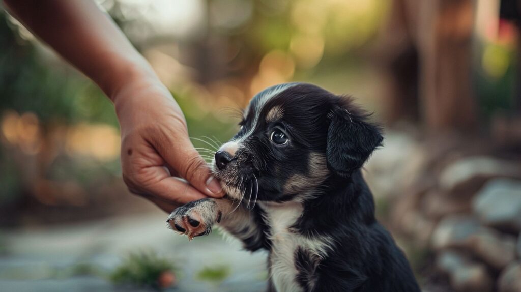 Ein junger Welpe mit Schluckauf wird von einem Hundetrainer beruhigt.