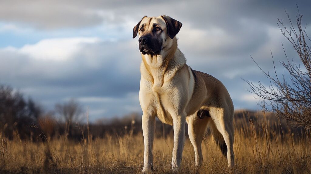 Ein imposanter Kangal zeigt seine starke Präsenz in einer ländlichen Landschaft.