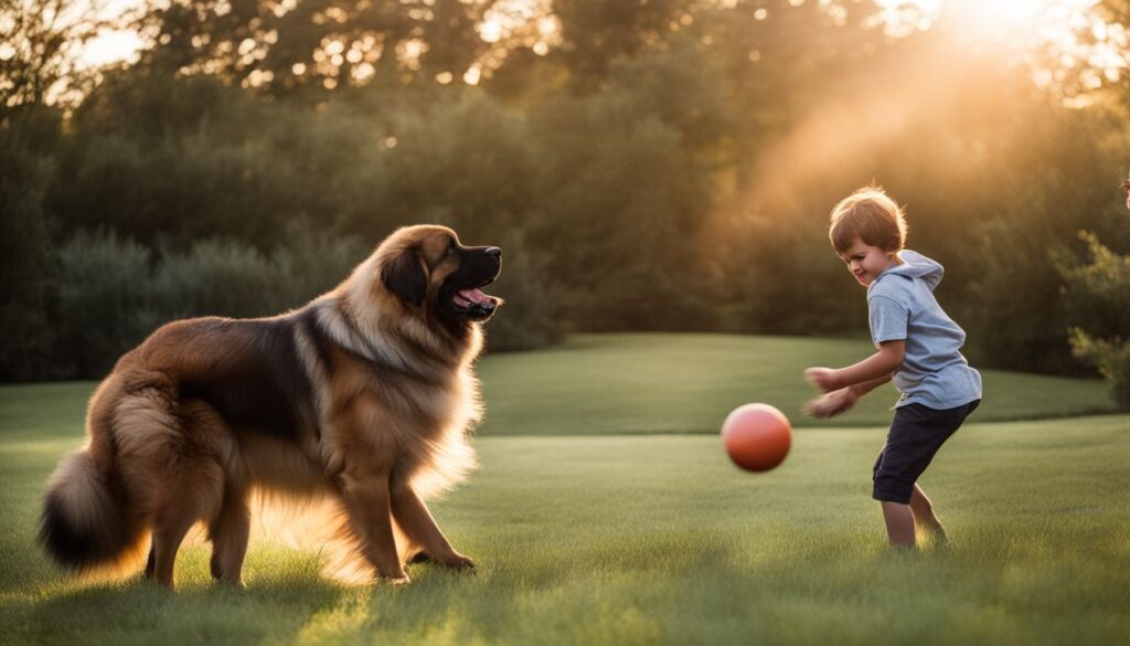 Ein Junge spielt mit einem sanften Leonberger Hund im Garten.