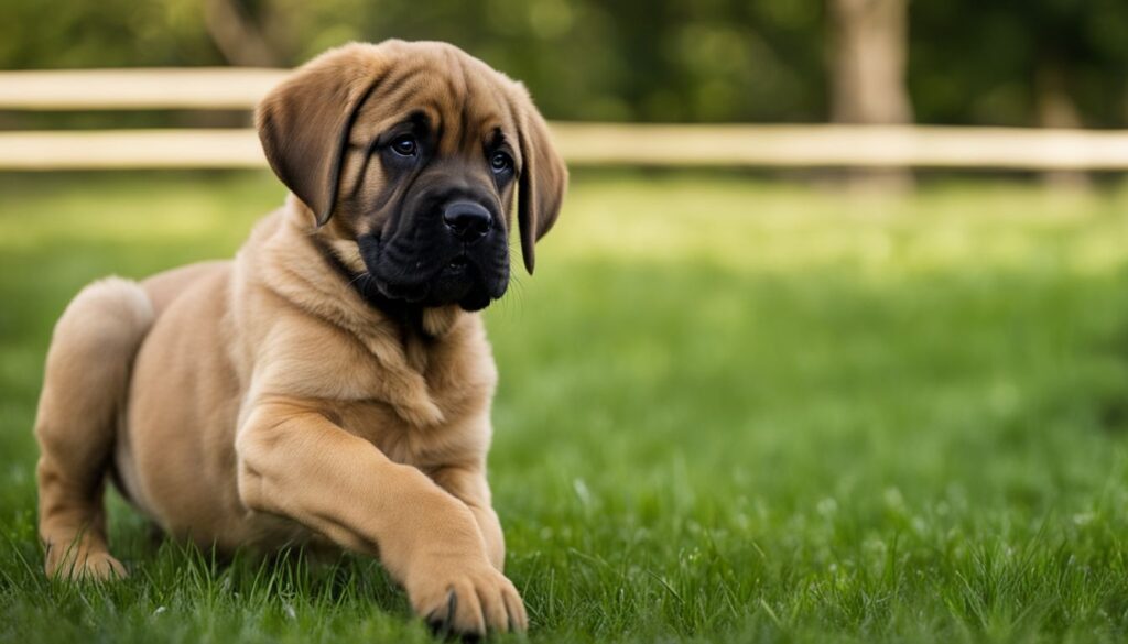 Ein junger Mastiff-Welpe wird in einem geräumigen Hinterhof von einer vierköpfigen Familie spielerisch erzogen.