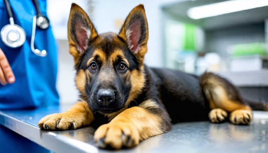 Ein Deutscher Schäferhundwelpe besucht die Tierarztpraxis für eine Untersuchung aufgrund möglicher medizinischer Ursachen für Verschmutzung im Haus.