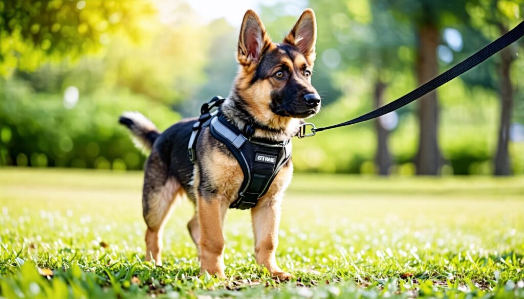 Ein Deutscher Schäferhund Welpe trägt ein bequemes, gut sitzendes Geschirr.