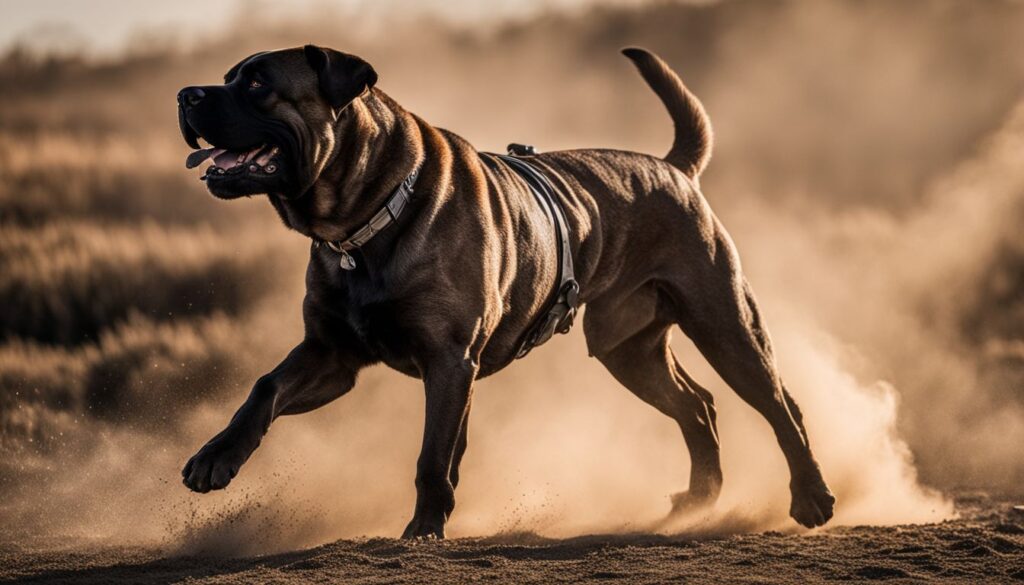 Ein eindrucksvoller Presa Canario zeigt seine starke Beißkraft im Freien.