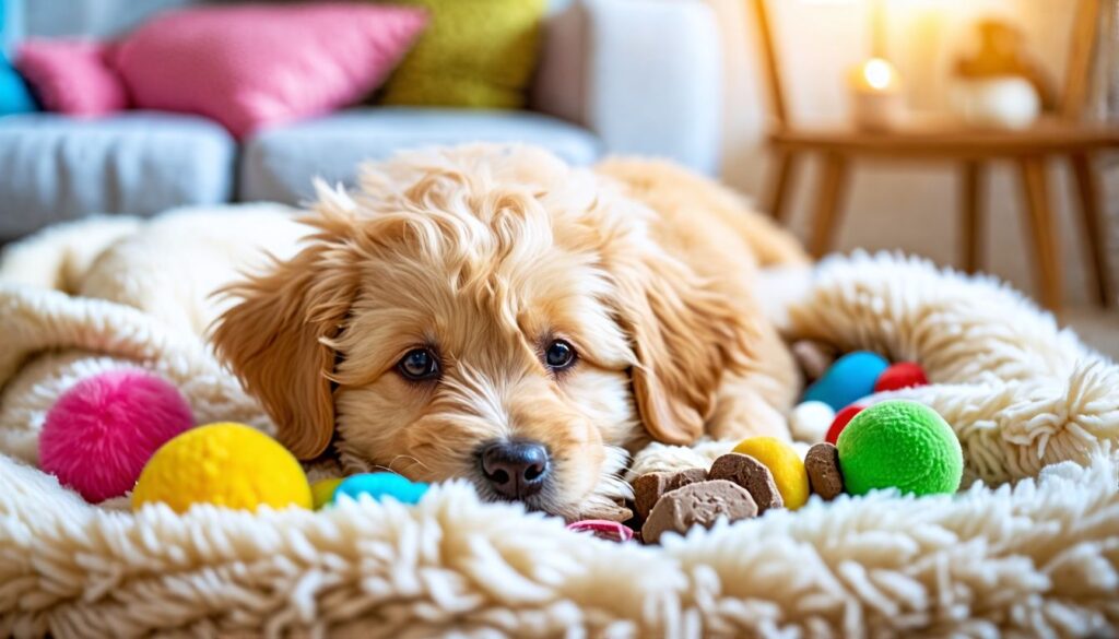 Ein flauschiger Welpe liegt auf einer weichen Decke mit Spielzeug und Leckerlis.