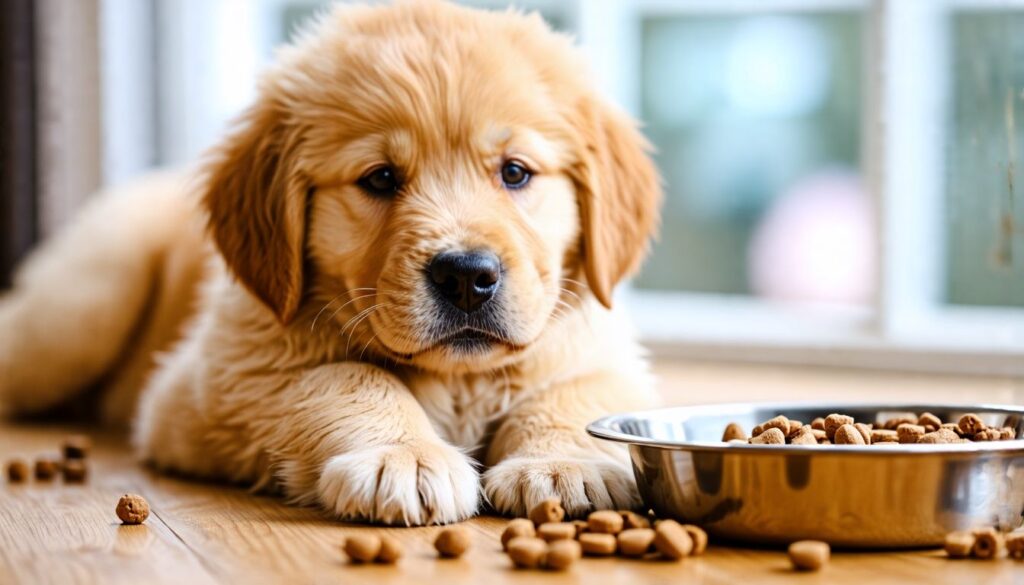 Ein flauschiger Golden Retriever Welpe mit Schluckauf in gemütlicher Umgebung.