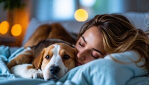 Welpe schläft im Bett