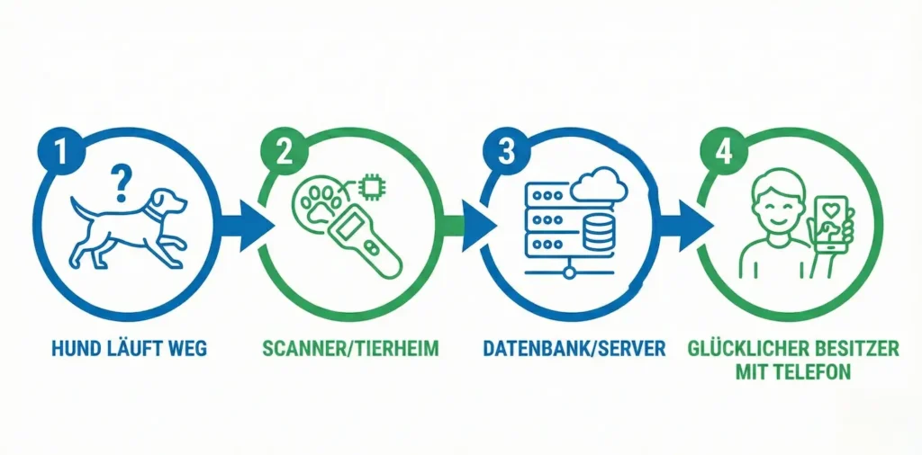 Vektor-Ablaufdiagramm: 1. Hund entläuft -> 2. Tierheim scannt Chip -> 3. Nummer wird bei TASSO geprüft -> 4. Halter wird angerufen