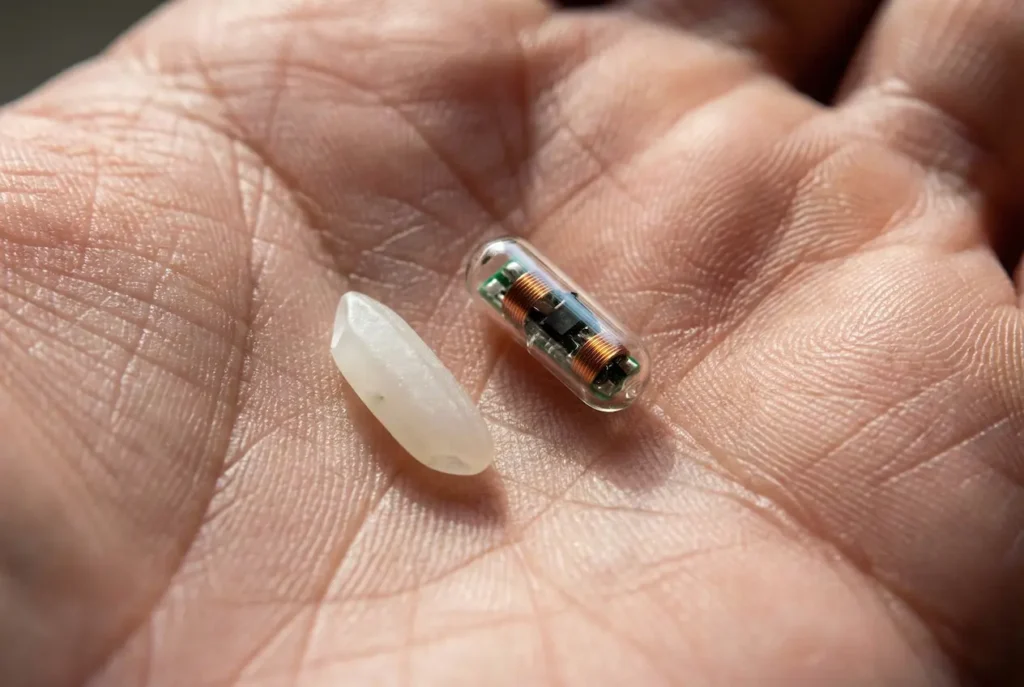 Makroaufnahme auf einer Handfläche: Ein kleiner Mikrochip liegt direkt neben einem ungekochten Reiskorn, um die winzige Größe zu zeigen