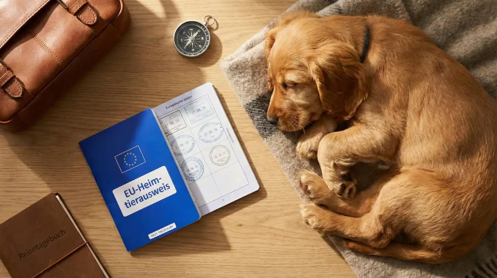 Ein Welpe liegt neben seinen Heimtierausweis