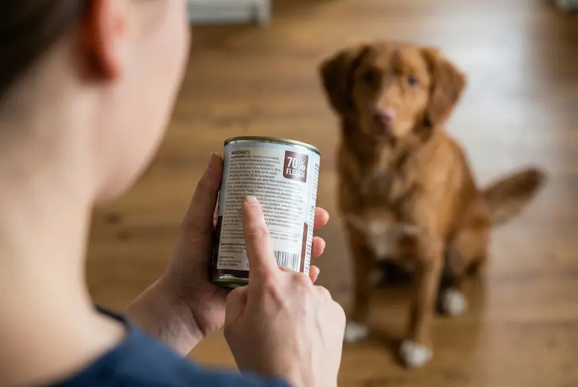 Nahaufnahme: Ein Finger zeigt auf die Zutatenliste einer Hundefutterdose. Fokus auf 'Fleischanteil 70%'. Verschwommen im Hintergrund ein Welpe
