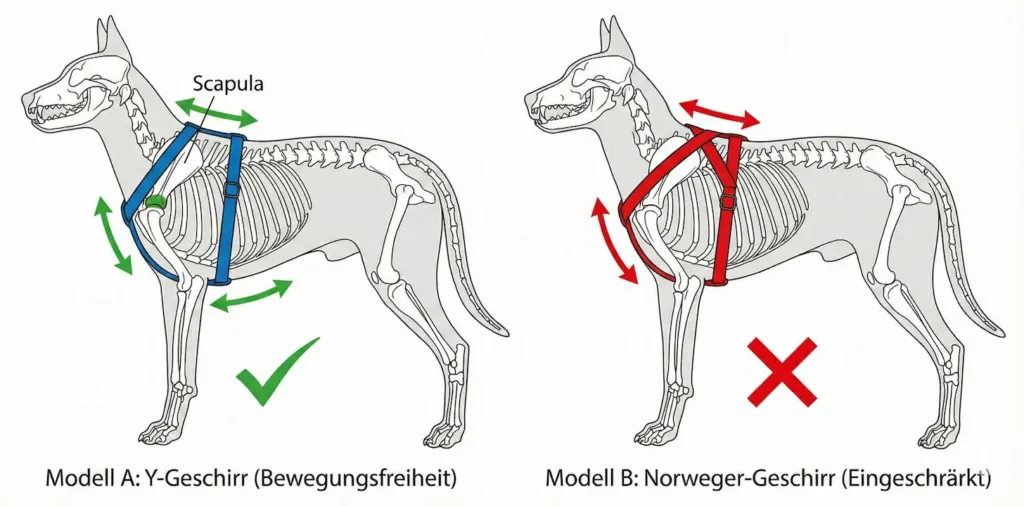 Vergleichsgrafik: Y-Geschirr (grüner Haken, Schulter frei) vs. Norweger-Geschirr (rotes Kreuz, Schulter blockiert durch Quergurt)