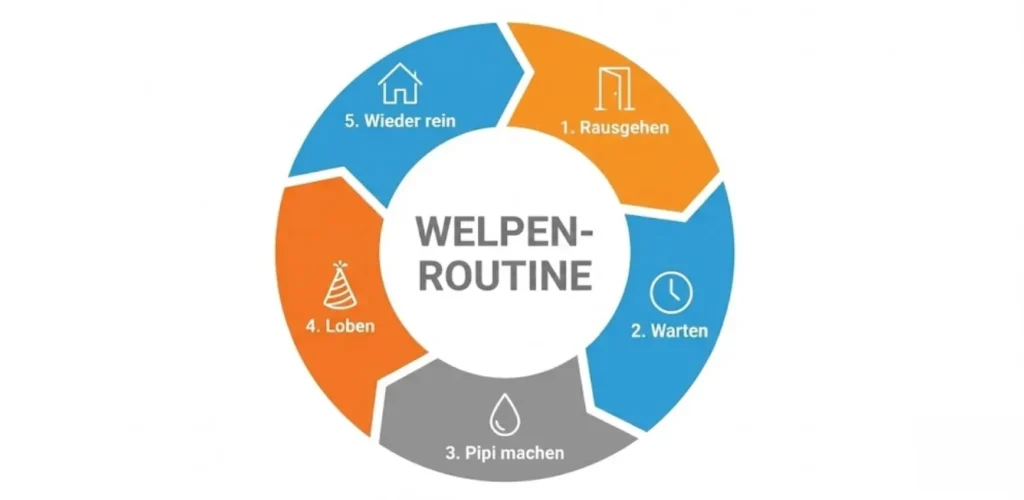 Vektor-Grafik Kreislauf: 1. Rausgehen -> 2. Langweilig sein (Warten) -> 3. Hund löst sich -> 4. Party (Loben) -> 5. Wieder rein