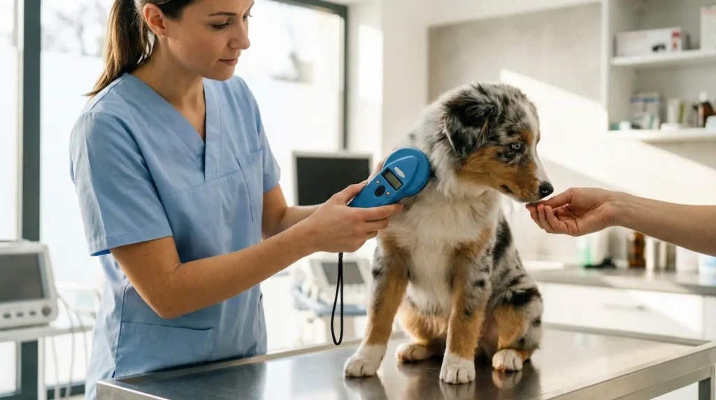 Ein freundlicher Tierarzt hält ein Lesegerät an den Hals eines entspannten Welpen, das Display zeigt eine Nummer an
