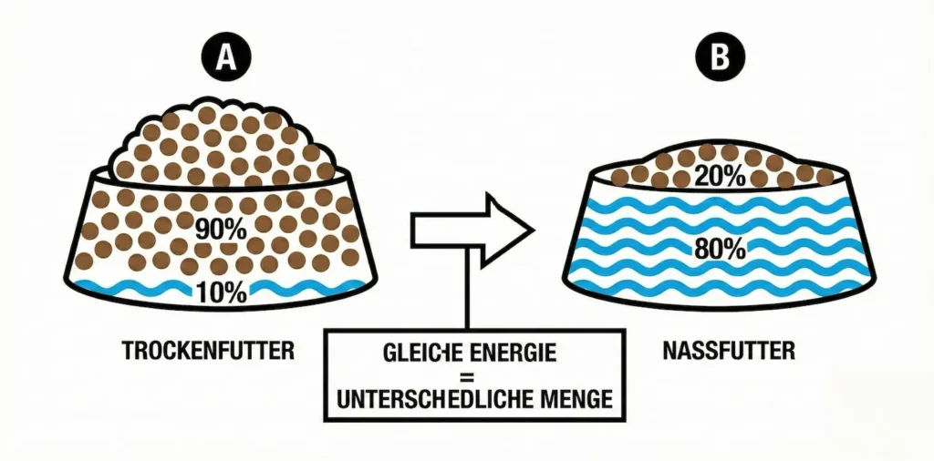 Balkendiagramm: Trockenfutter (10% Wasser, 90% Nährstoffe) vs. Nassfutter (80% Wasser, 20% Nährstoffe). Zeigt warum man von Nassfutter mengenmäßig mehr füttern muss