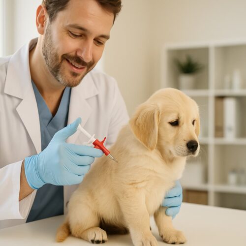 Ein Welpe bekommt von einem Tierarzt einen Chip eingepflanzt.