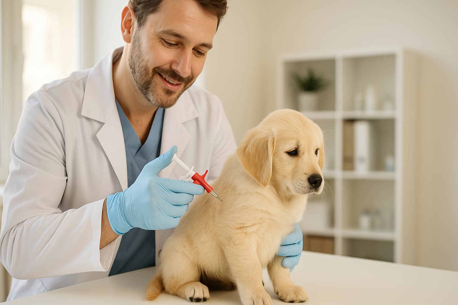 Ein Welpe bekommt von einem Tierarzt einen Chip eingepflanzt.