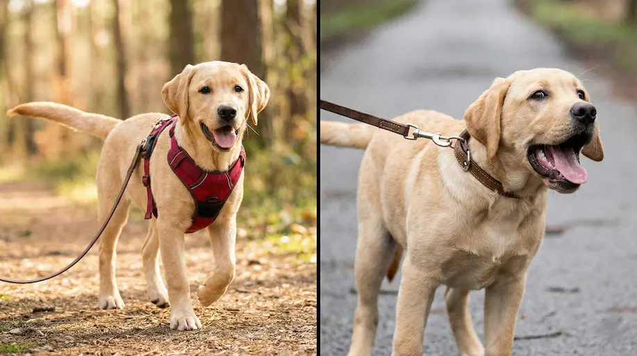 Split-Screen: Links ein glücklicher Welpe im bequemen Geschirr, rechts ein Welpe, der am Halsband zieht und hustet. Symbolbild für Komfort vs. Druck