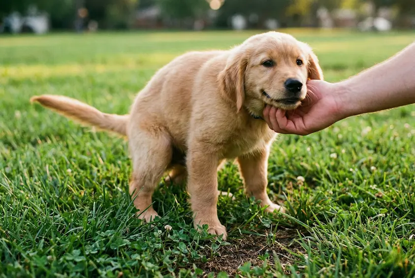 Nahaufnahme auf Bodenhöhe: Eine Hand streichelt begeistert einen Welpen im Gras, der Welpe sieht stolz und glücklich aus
