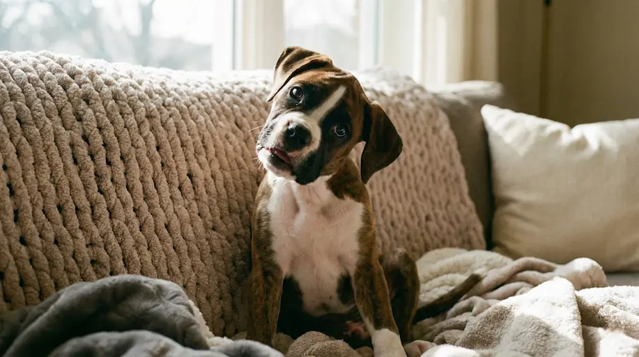 Ein kleiner Boxer-Welpe sitzt auf dem Sofa, den Kopf schiefgelegt, und schaut mit großen Augen verwirrt in die Kamera, während er scheinbar hickst