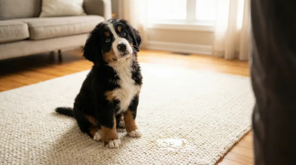 Ein kleiner Welpe sitzt auf einem Wohnzimmerteppich neben einer kleinen Pfütze und schaut unschuldig und fragend in die Kamera