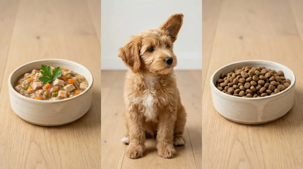 Split-Screen Foto: Links ein Napf mit saftigem Nassfutter und Petersilie, rechts ein Napf mit knusprigen Trockenfutter-Kroketten, dazwischen ein fragender Welpe