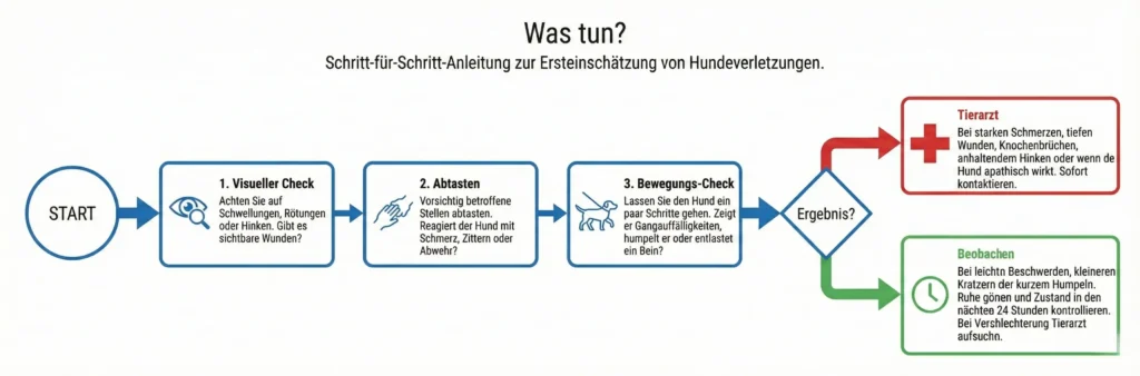 Infografik Ablaufplan: Was tun wenn der Hund humpelt? Schritt für Schritt Anleitung