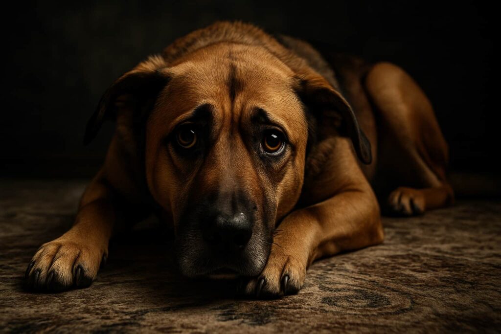 Ein besorgter Hund liegt auf einem Teppich und schaut in die Kamera.
