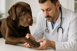 Ein Tierarzt untersucht behutsam die Vorderpfote eines braunen Labradors, der auf dem Untersuchungstisch liegt.