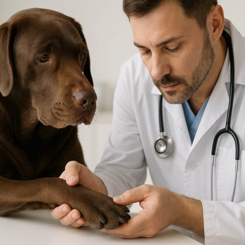 Ein Tierarzt untersucht behutsam die Vorderpfote eines braunen Labradors, der auf dem Untersuchungstisch liegt.