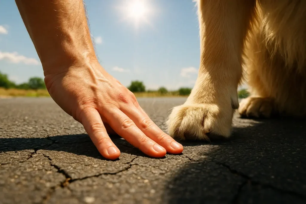 Eine Person wendet die 7-Sekunden-Regel an und testet mit dem Handrücken die Temperatur von heißem Asphalt, während die Pfote eines Hundes daneben wartet.