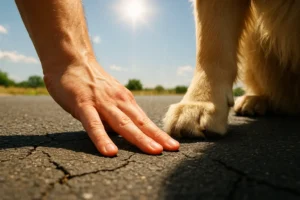Eine Person wendet die 7-Sekunden-Regel an und testet mit dem Handrücken die Temperatur von heißem Asphalt, während die Pfote eines Hundes daneben wartet.