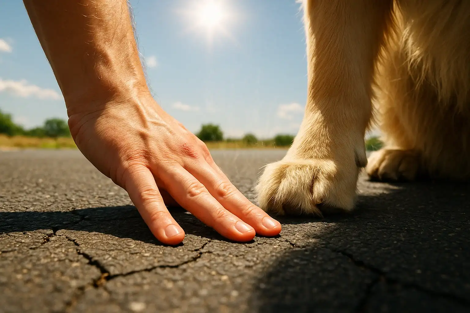 Eine Person wendet die 7-Sekunden-Regel an und testet mit dem Handrücken die Temperatur von heißem Asphalt, während die Pfote eines Hundes daneben wartet.