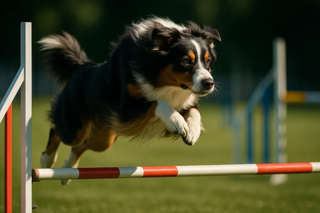 Australian Shepherd springt elegant über eine Hürde bei einem Agility-Turnier.