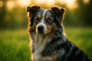 Ein Australian Shepherd in der Farbe Blue Merle mit wachen Augen auf einer Wiese.