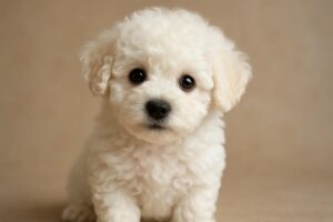 Ein Bichon-Frisé-Welpe schaut neugierig in die Kamera.
