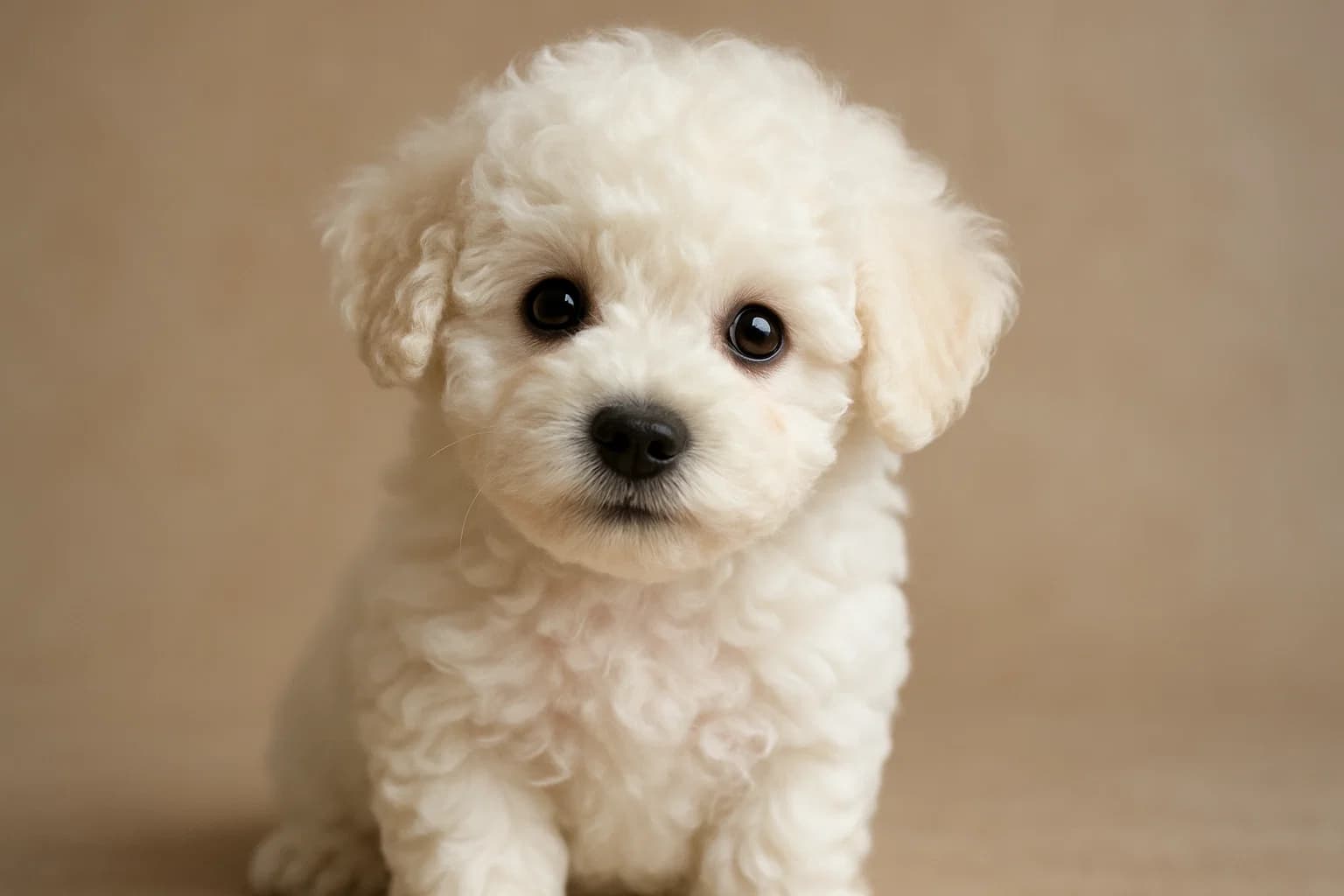Ein Bichon-Frisé-Welpe schaut neugierig in die Kamera.