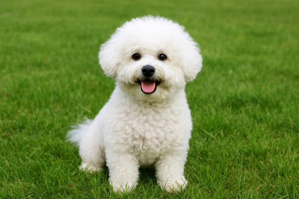 Ein gepflegter, weißer Bichon Frisé sitzt auf einer grünen Wiese und schaut fröhlich in die Kamera.