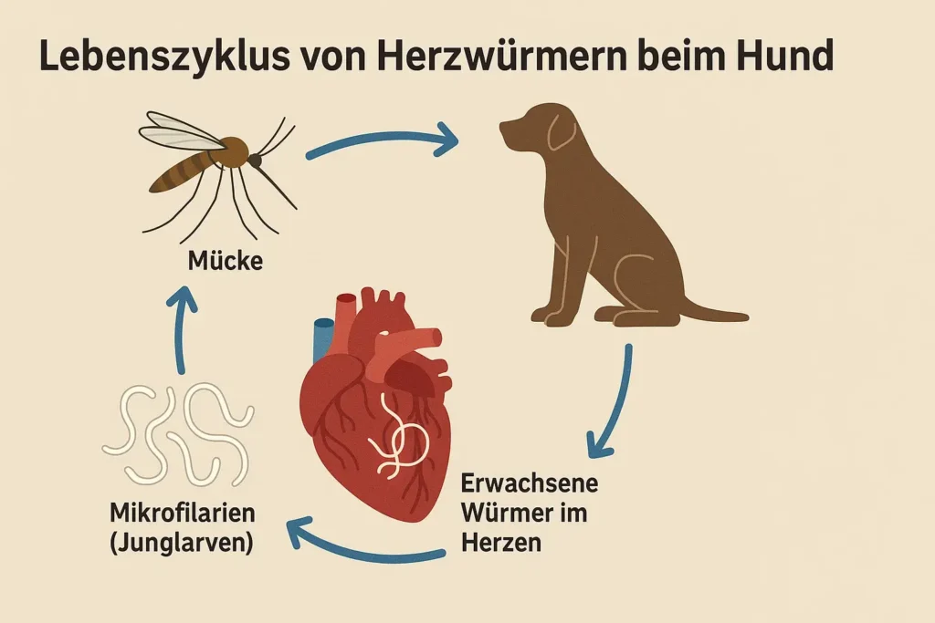 Illustration des Lebenszyklus von Herzwürmern beim Hund, von der Mücke bis zum erwachsenen Wurm im Herzen