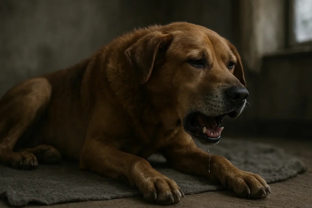 Hund zeigt Symptome von Herzwürmern wie Husten und Lethargie.