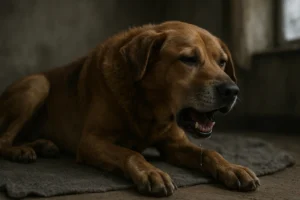 Hund zeigt Symptome von Herzwürmern wie Husten und Lethargie.