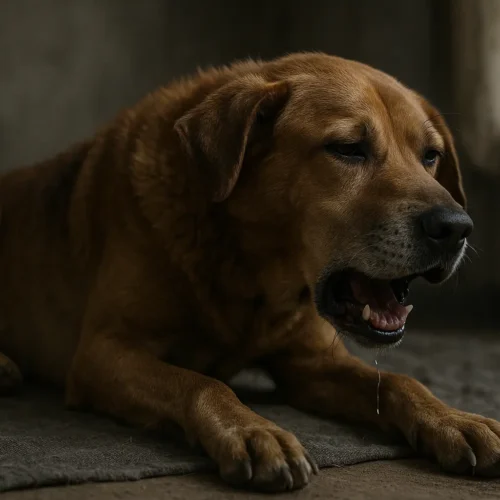 Hund zeigt Symptome von Herzwürmern wie Husten und Lethargie.
